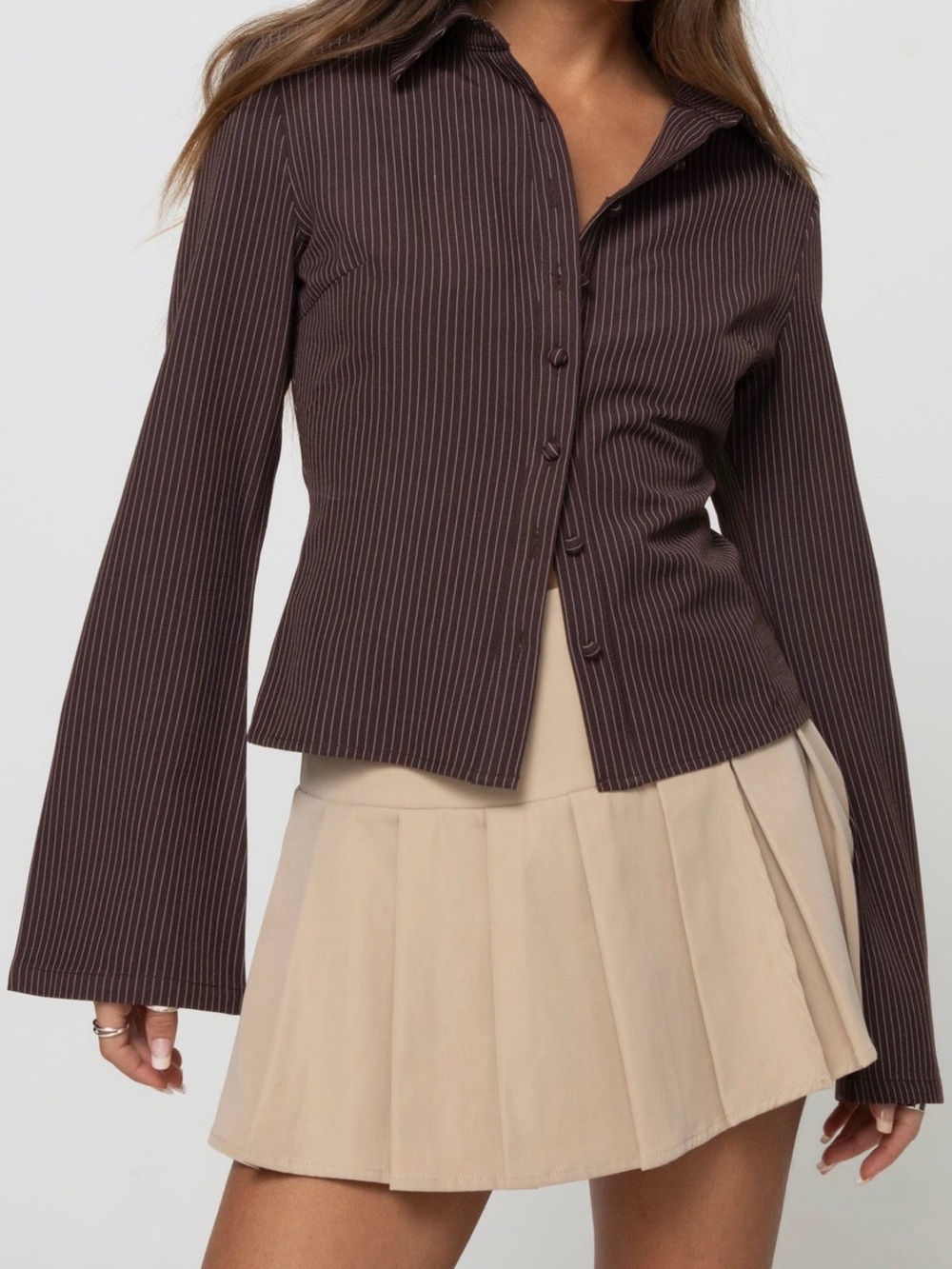 NWT Princess Polly Anni Pinstripe Brown Button-Up Shirt - size 6